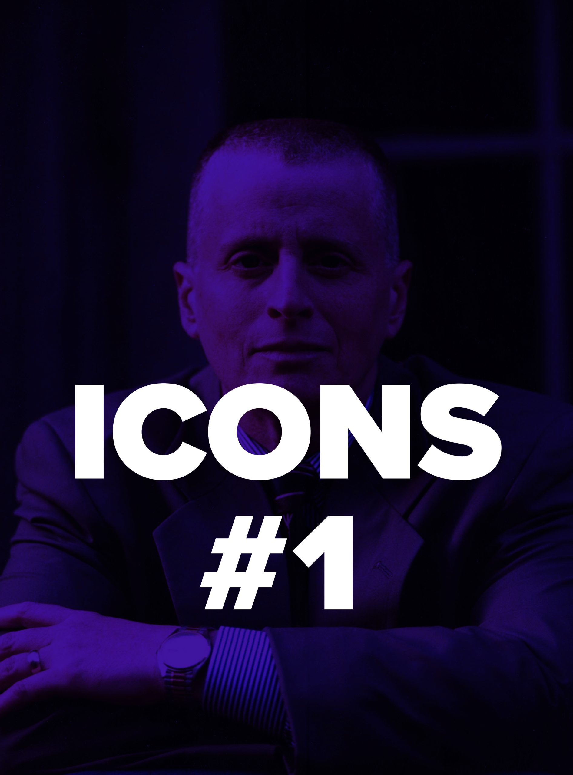 Text reads: "ICONS #1" with a purple monochrome photo of Leslie Feinberg
